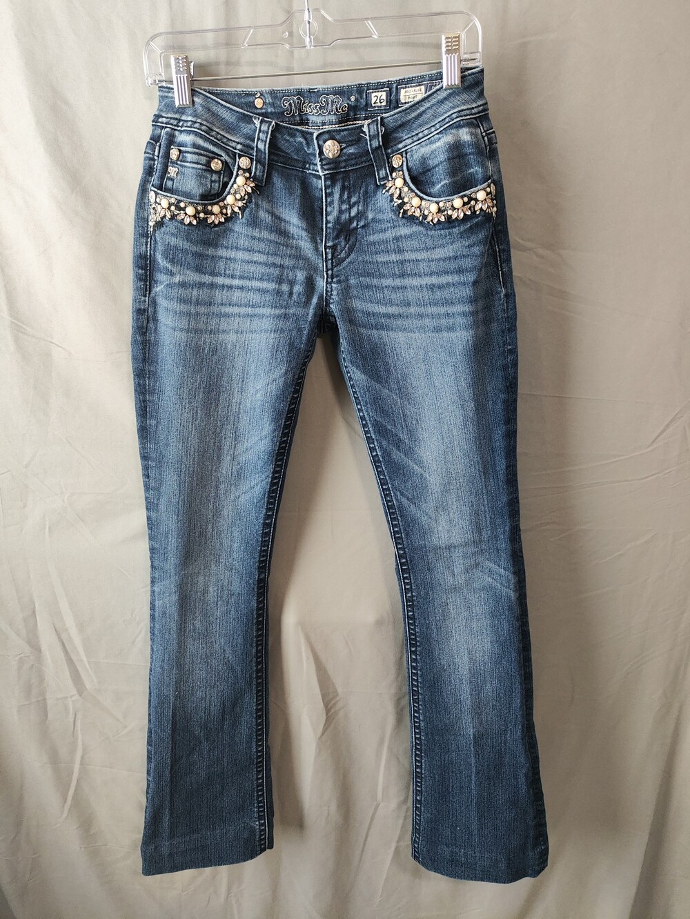 Miss Me Jeans Womens 26 Mid Rise Boot Embellished Crystal Beaded Pockets 34 Inse